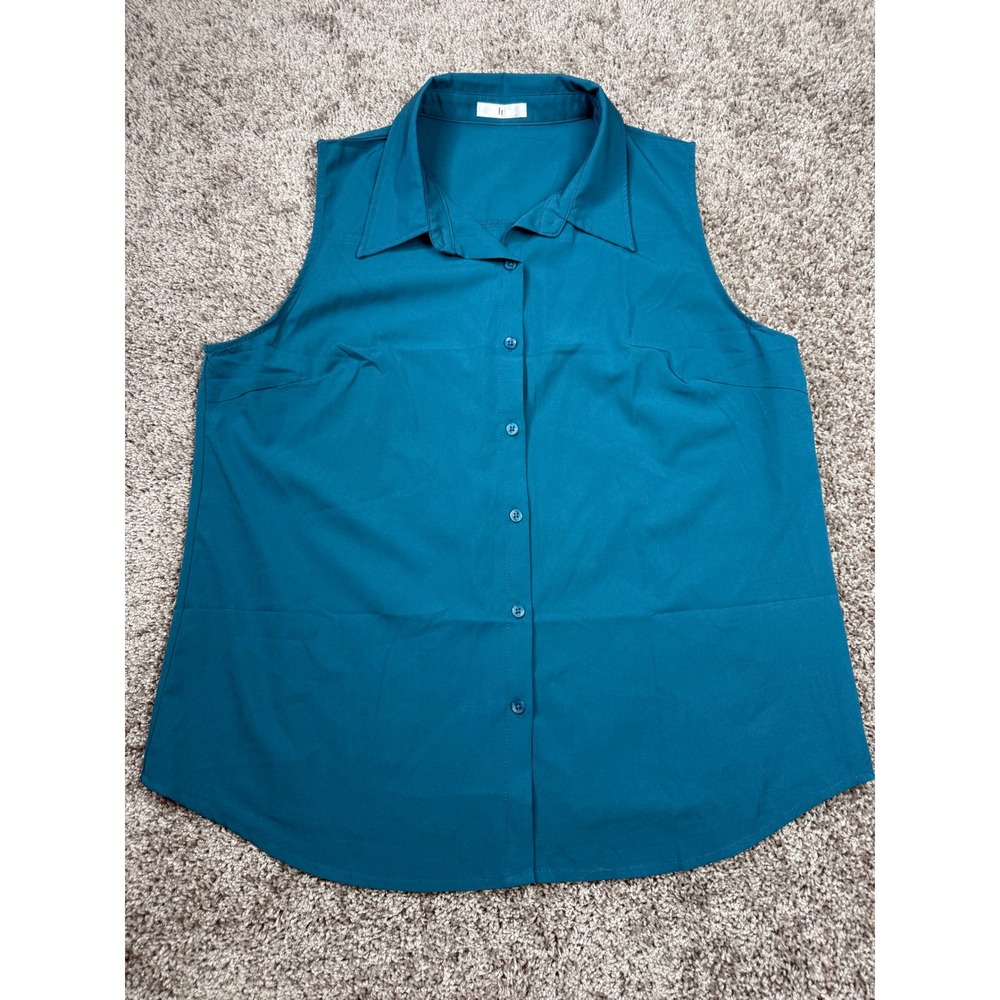 Sleeveless Button Down Shirt Womens XL Teal Blue Green Workwear Blouse